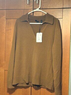 Theory Slouchy Polo Soft Cashmere Sweater M108701R V-Neck Knit Open Collar Sz XL